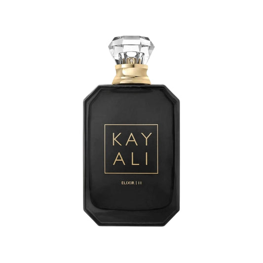 Black perfume bottle with gold cap and 'KAY ALI' branding on a white background
